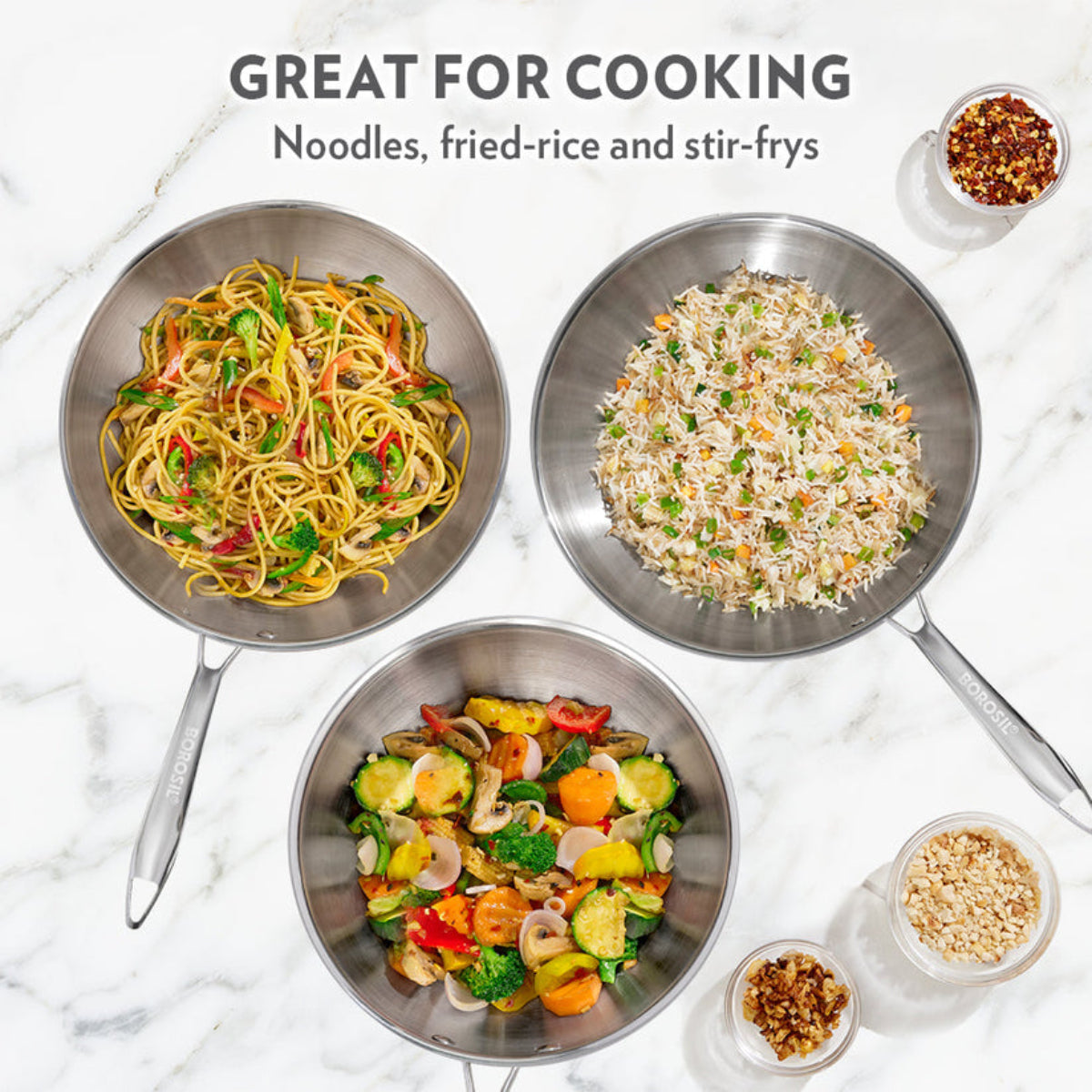 Borosil Cookfresh SS Tri-ply Wok with Lid 1.75 L | 2.25 L | 2.85 L  | 3.5 L