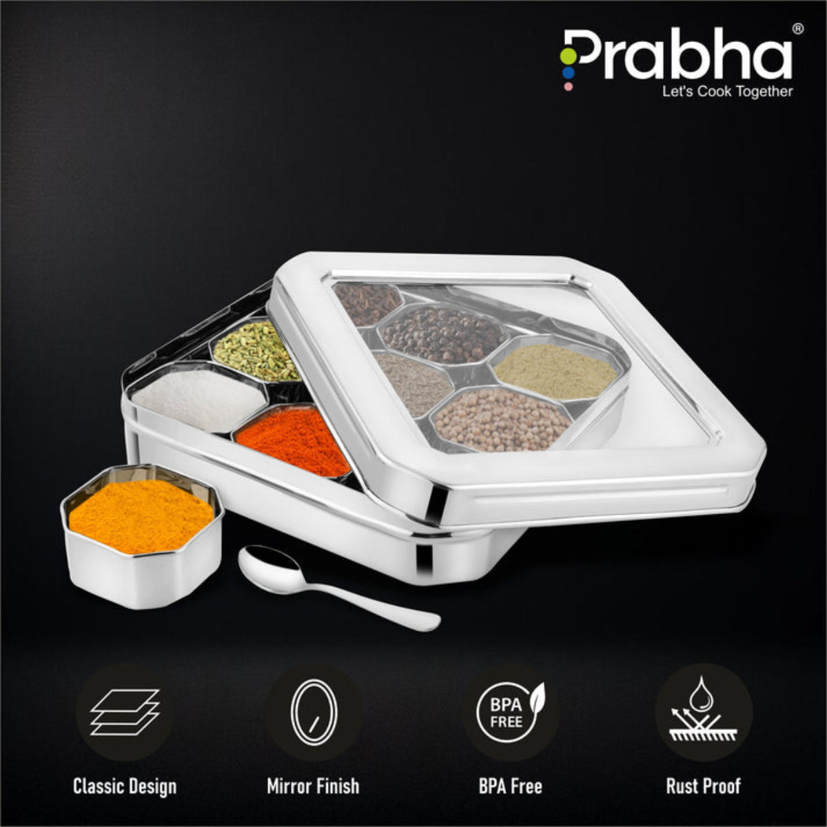 Prabha Stainless Steel Diamond Sqaure, Spice & Dry Fruits Container With See Through Glass Lid