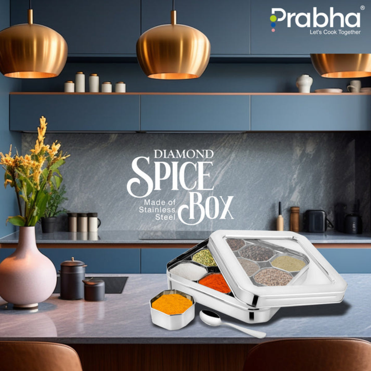Prabha Stainless Steel Diamond Sqaure, Spice & Dry Fruits Container With See Through Glass Lid