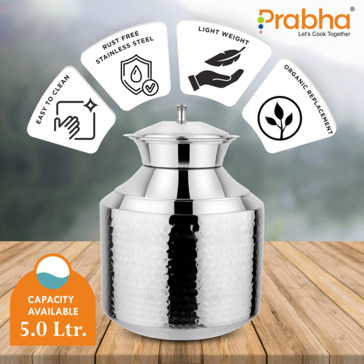 Prabha Stainless Steel Water Storing Maharaja Hammered Matki for Home & Kitchen