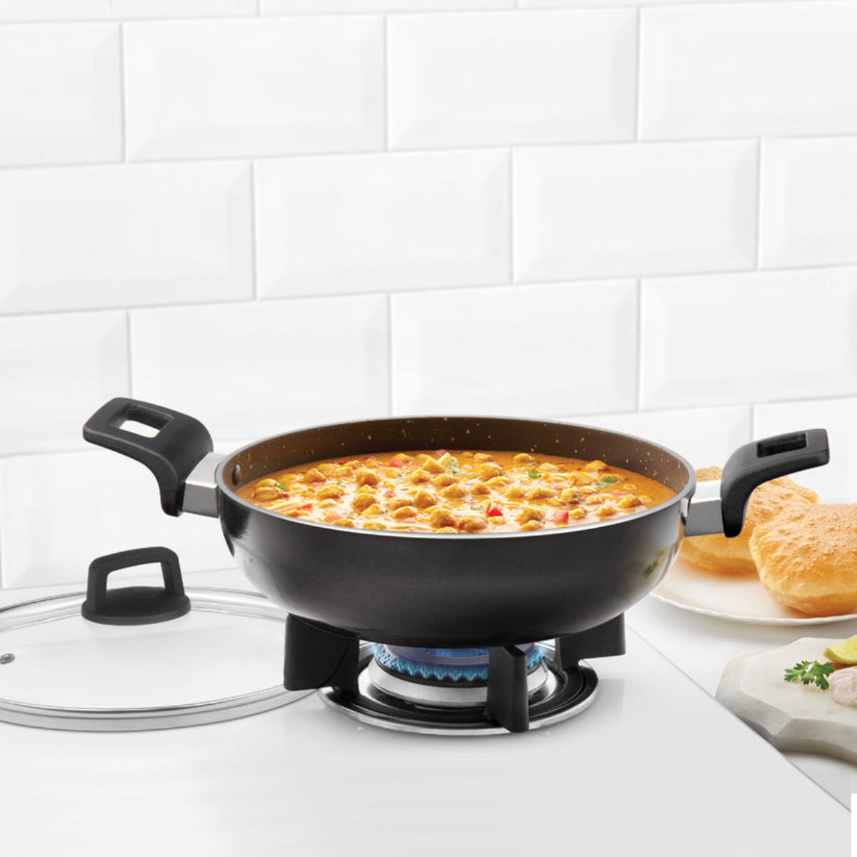 Borosil Granito Nonstick Kadhai With Glass Lid