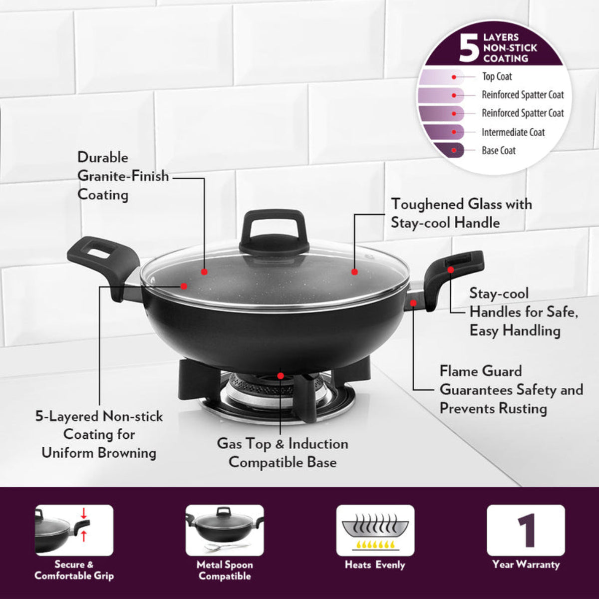 Borosil Granito Nonstick Kadhai With Glass Lid