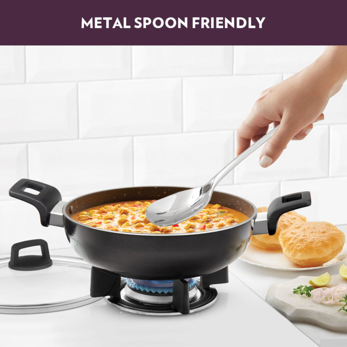 Borosil Granito Nonstick Kadhai With Glass Lid