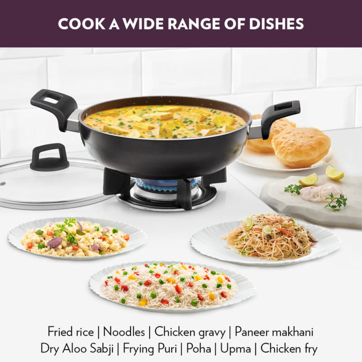 Borosil Granito Nonstick Kadhai With Glass Lid