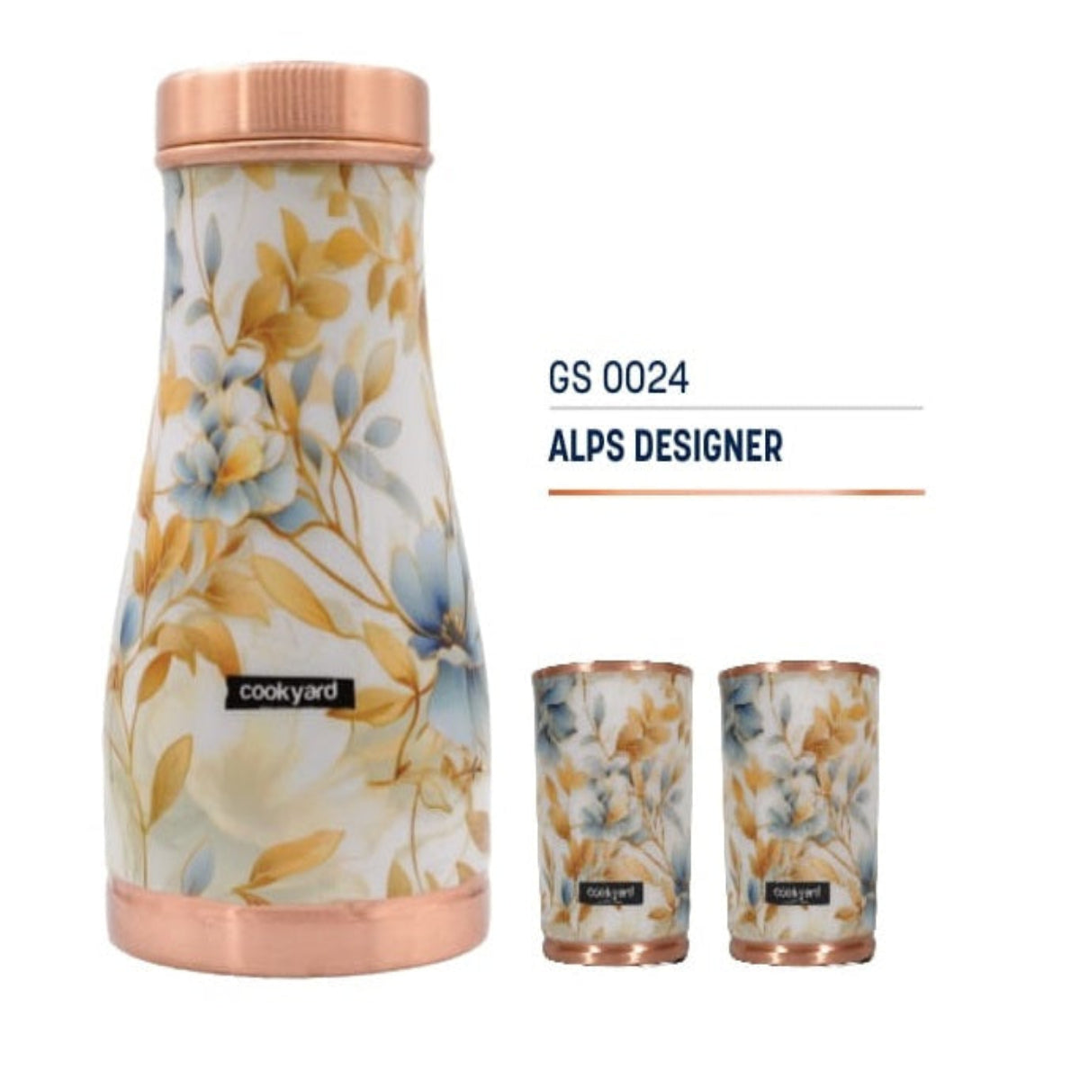Cookyard ALPS Designer Pure Copper water Bottle & 2 Set of Glass