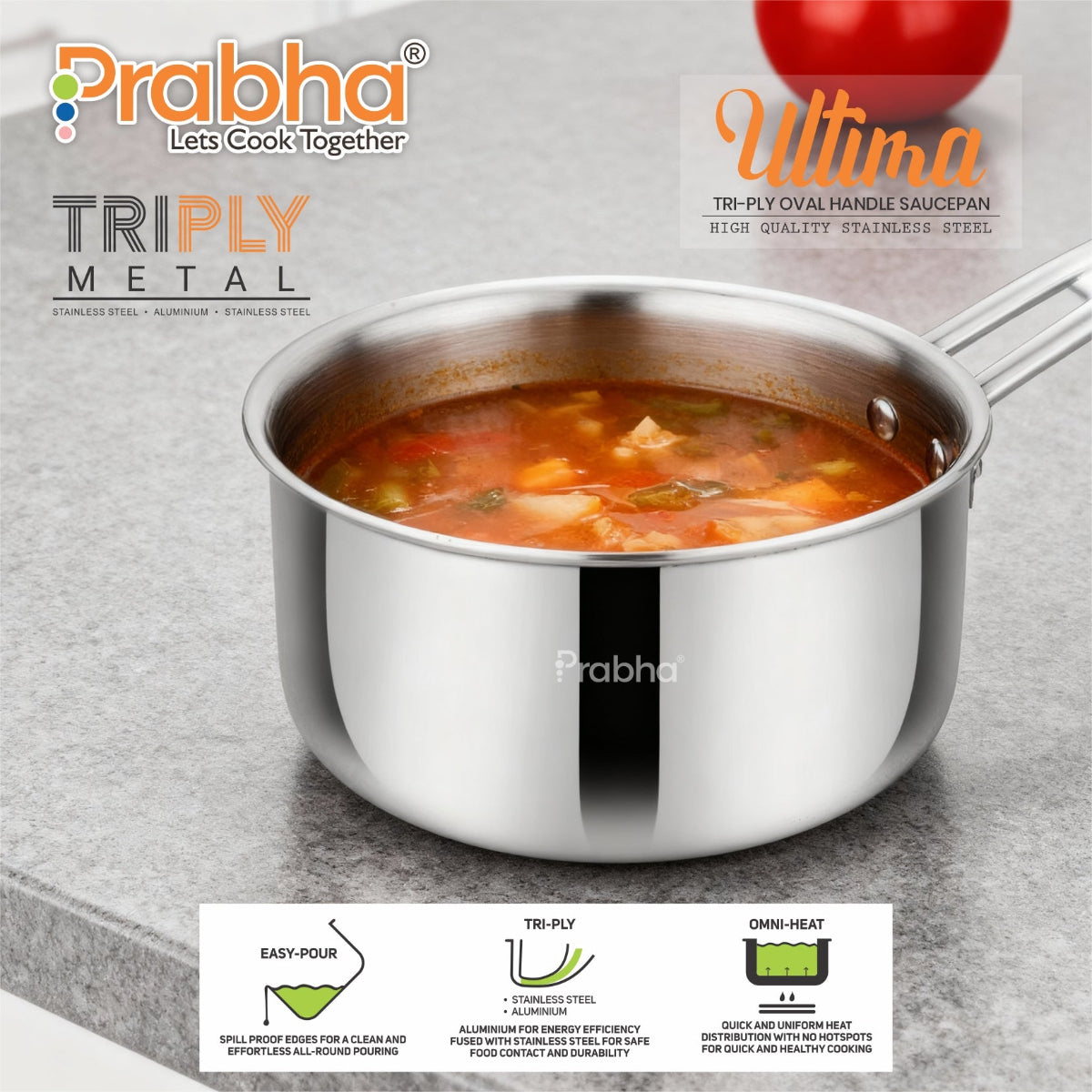 Prabha Ultima Triply Oval Handle Saucepan Without Lid