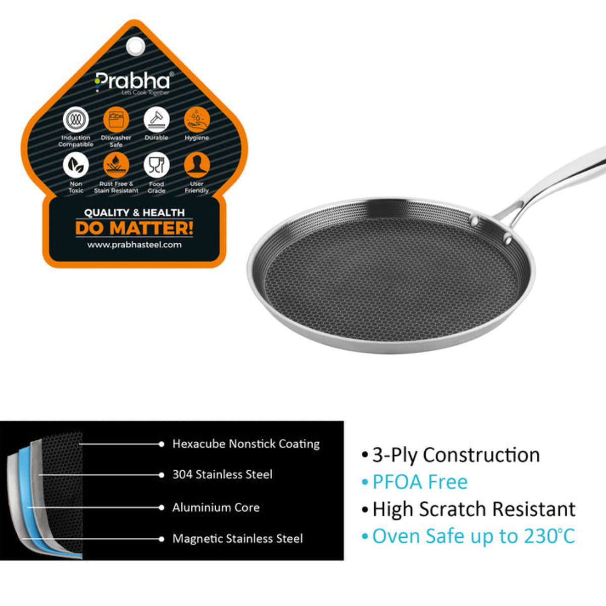 Prabha Steels Triply Hexa Cube Dosa Tawa 26cm , 28 cm  , 30 cm