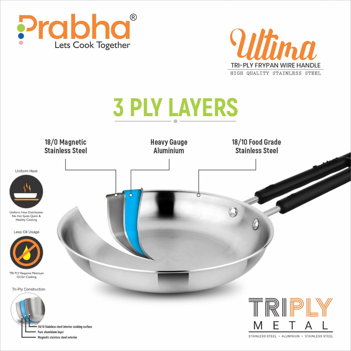 Prabha Ultima Triply Frypan Wire Handle Without Lid