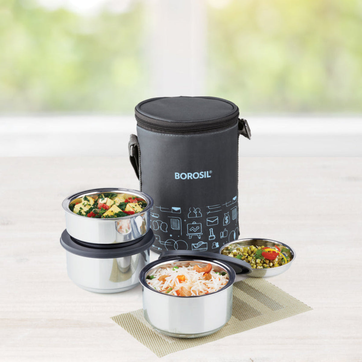 Borosil Carryfresh Insulated SS Lunchbox, Set of 3, (280ml x 2) + 180ml