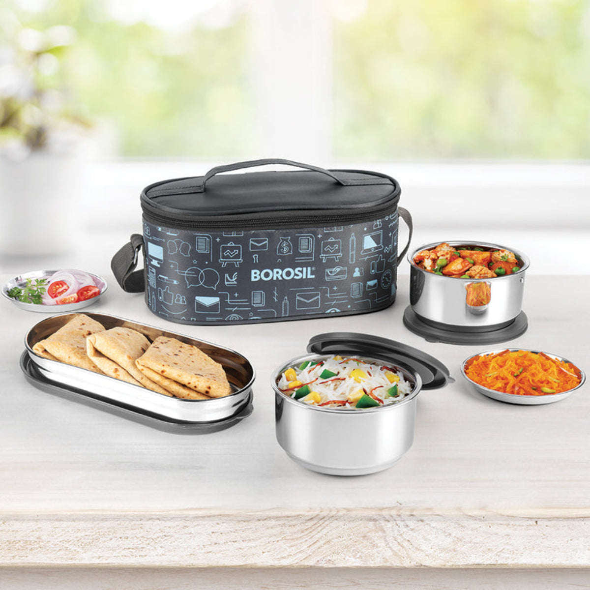 Borosil Carryfresh SS Insulated Lunchbox, Set of 3, (475ml x 1) + (280ml x 2)