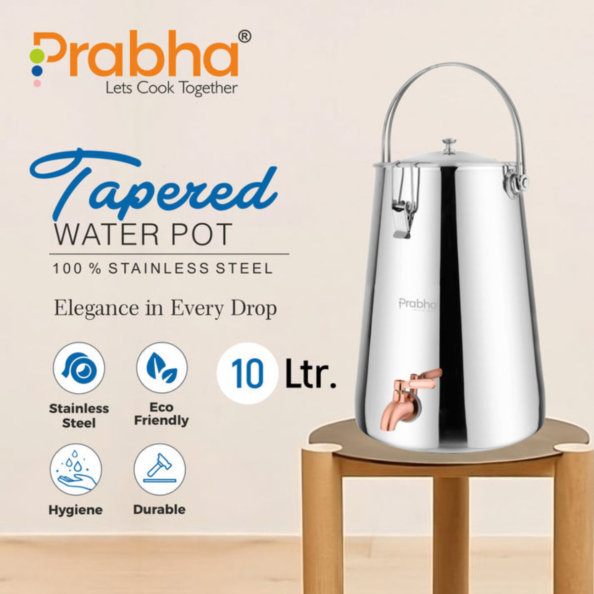 Prabha Water Container 10 Liters with Tap | Water Jug for Kitchen Storage | Stainless Steel Water Tank/Water Pot for Drinking | Handi Steel Matki Dispenser Tampered Silver 10 LTR