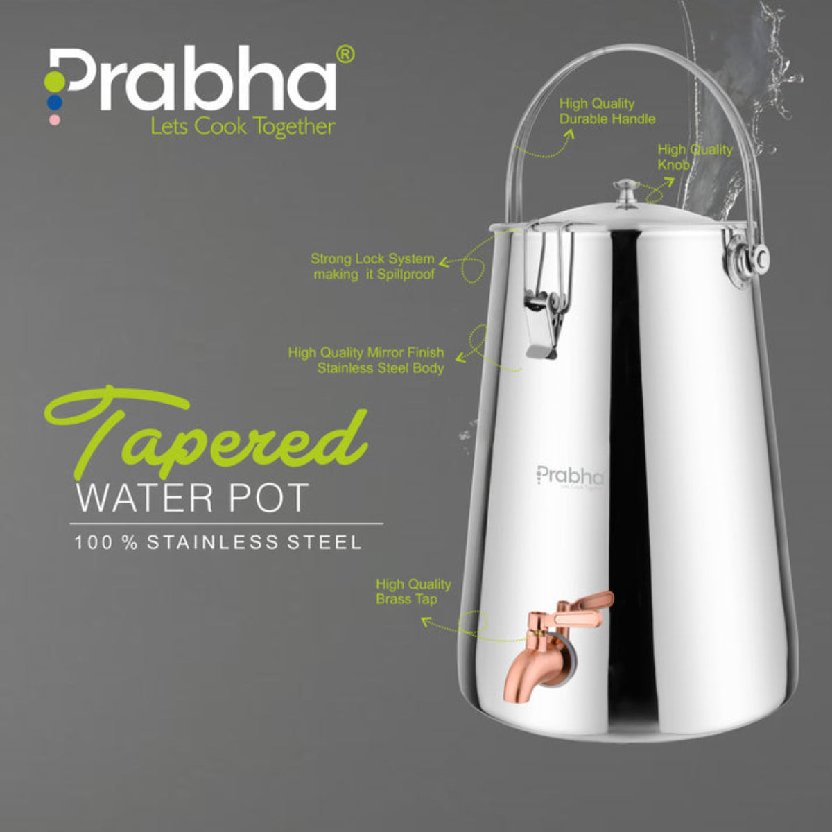 Prabha Water Container 10 Liters with Tap | Water Jug for Kitchen Storage | Stainless Steel Water Tank/Water Pot for Drinking | Handi Steel Matki Dispenser Tampered Silver 10 LTR