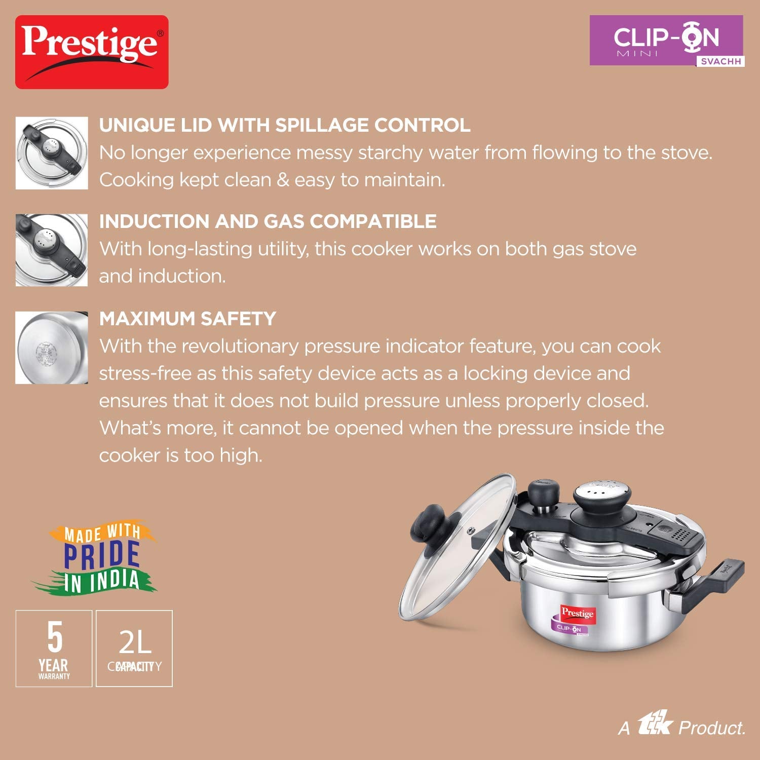 Prestige Svachh, 20237, 2 L, Stainless Steel Pressure Cookers, with de